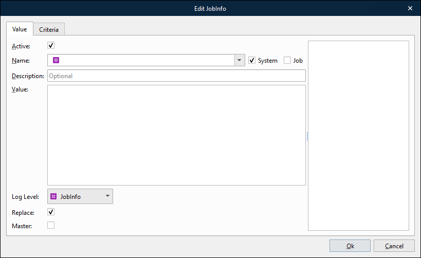 The Edit JobInfo window that appears when you add a JobInfo on the Pre JobInfos tab of the Sheet Options window.